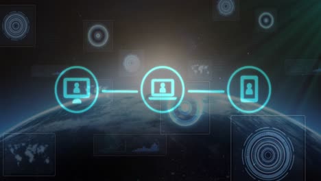 Animation-of-scopes-scanning-and-three-digital-icons-over-globe-and-sun