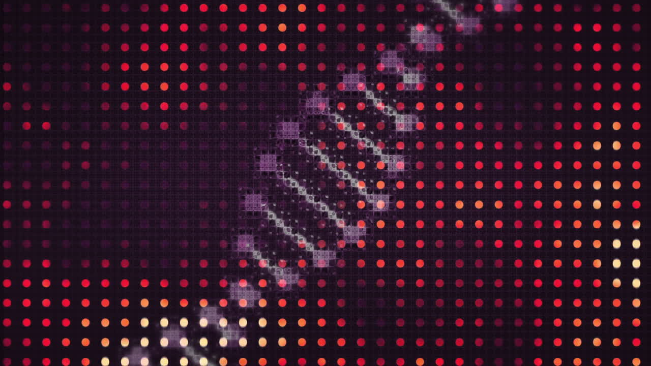 검은 바탕에 은 반점 줄 위에 회전하는 dna의 애니메이션