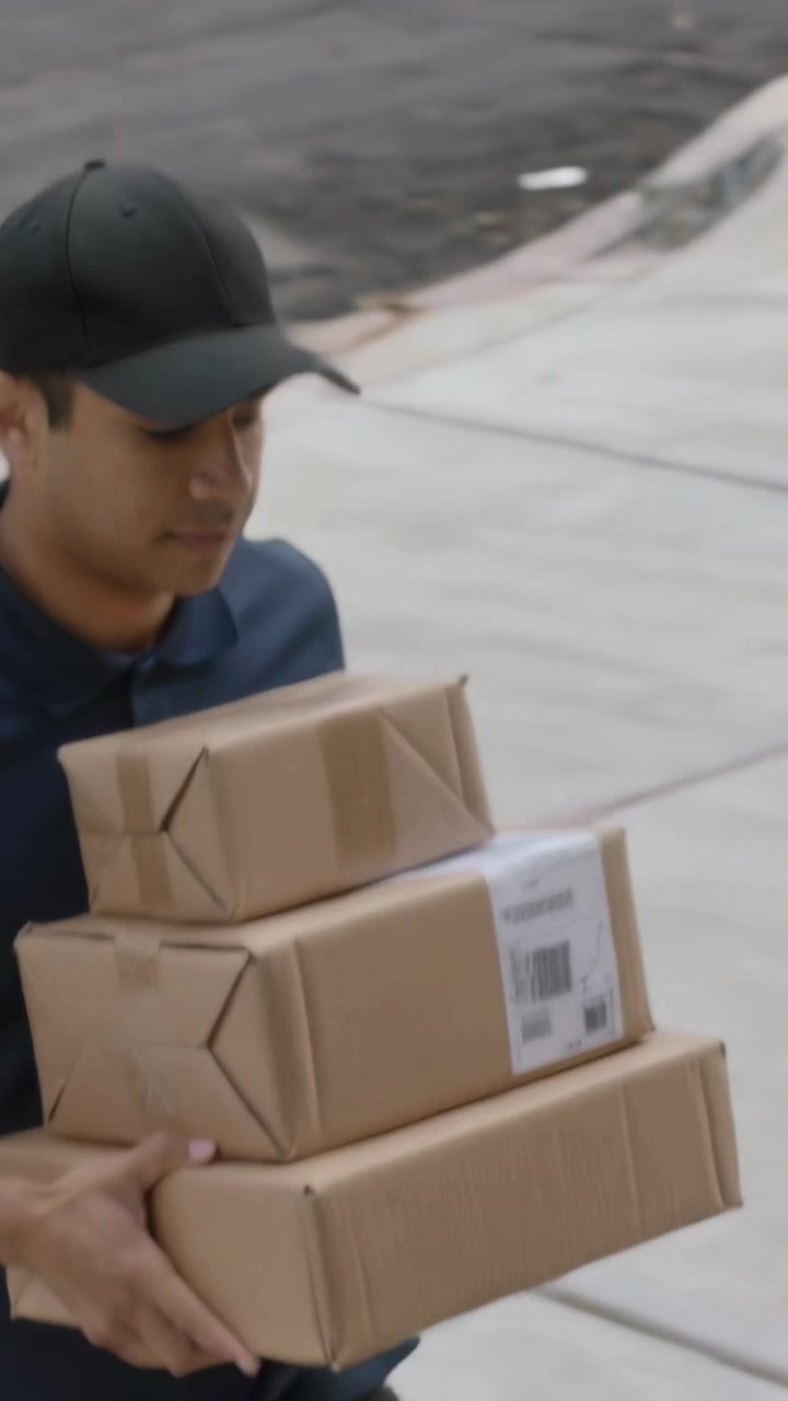 Video vertikal: Mendekati trotoar, kurir berkaos polo biru dongker dan bertopi memegang 3 kotak mengantar dengan label.