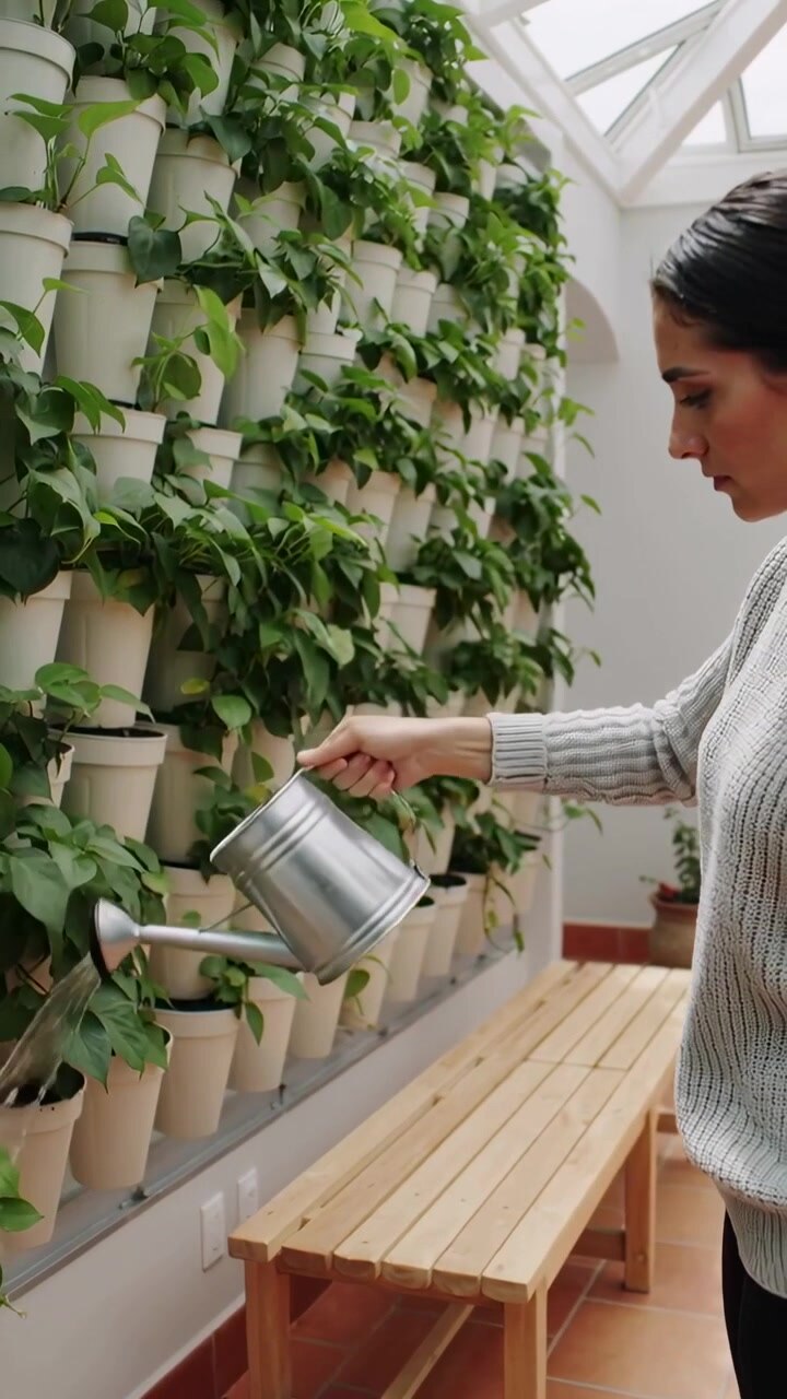 Video verticale: Donna in maglione che inclina l'annaffiatoio, annaffiando una parete vegetale in veranda, con spazio per il testo.