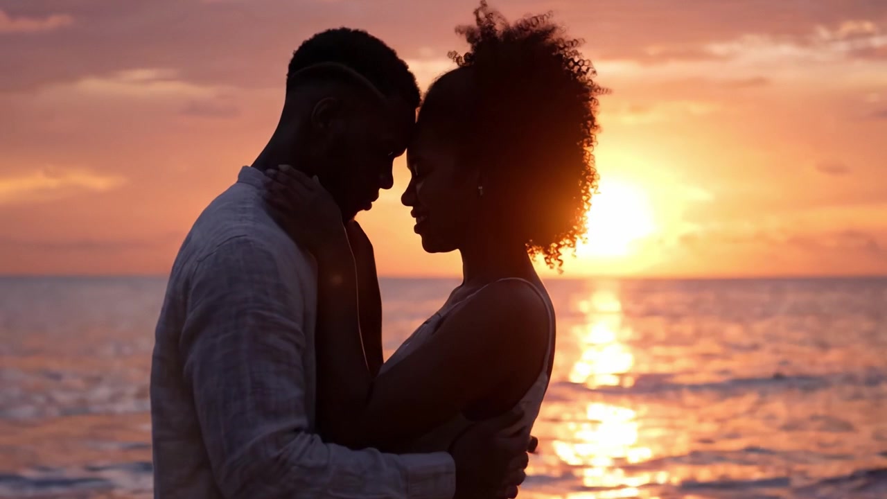 Silhouetted Embrace: A Couple Sharing a Tender Moment by the Ocean During a Vibrant Sunset, Capturing the Essence of Love and Connection in a Serene Setting