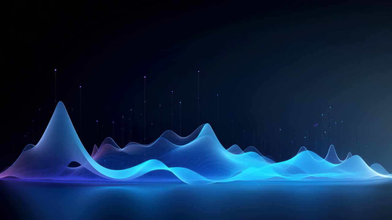 Abstract digital landscape with neon blue waves and glowing points, viewed from a low angle