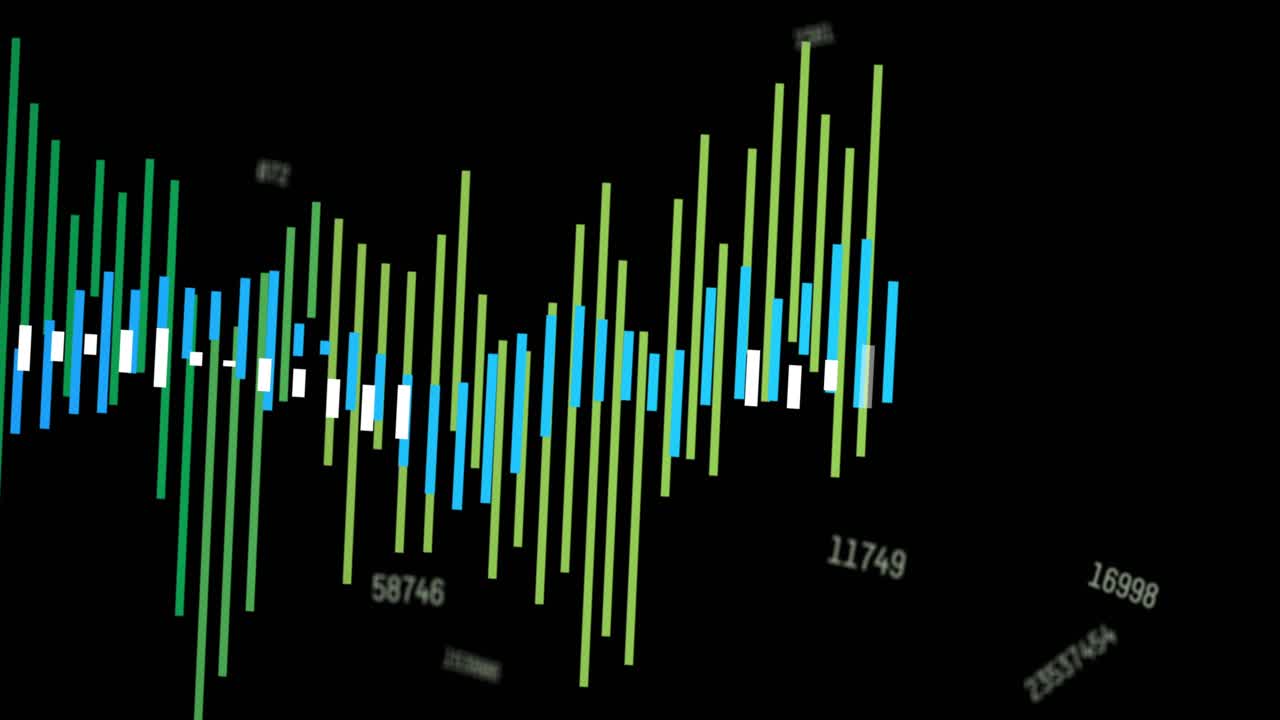 Data pulse starting, vertical bars growing and waving right, numbers rotating, showing upward trend
