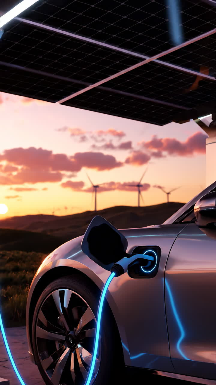 Gün batımında güneş ve rüzgar enerjisiyle şarj olan elektrikli araba