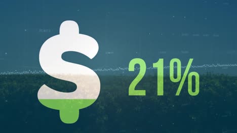 animación del procesamiento de datos y el dólar sobre el paisaje.
