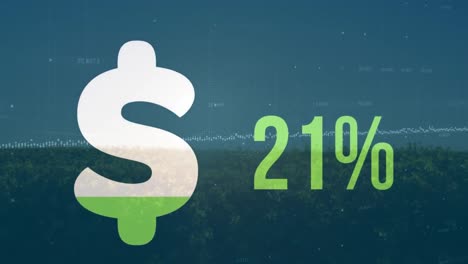 animation of data processing and dollar over landscape