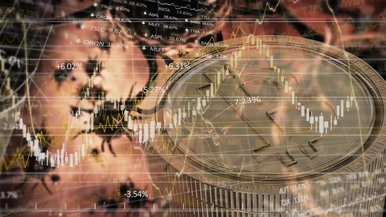 비트코인과 코로나 19 세포에 대한 금융 데이터 처리 애니메이션