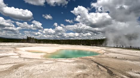 summer tourists (travel, vacation, and tourism) in yellowstone national park, wyoming, usa. 4k tourist pov