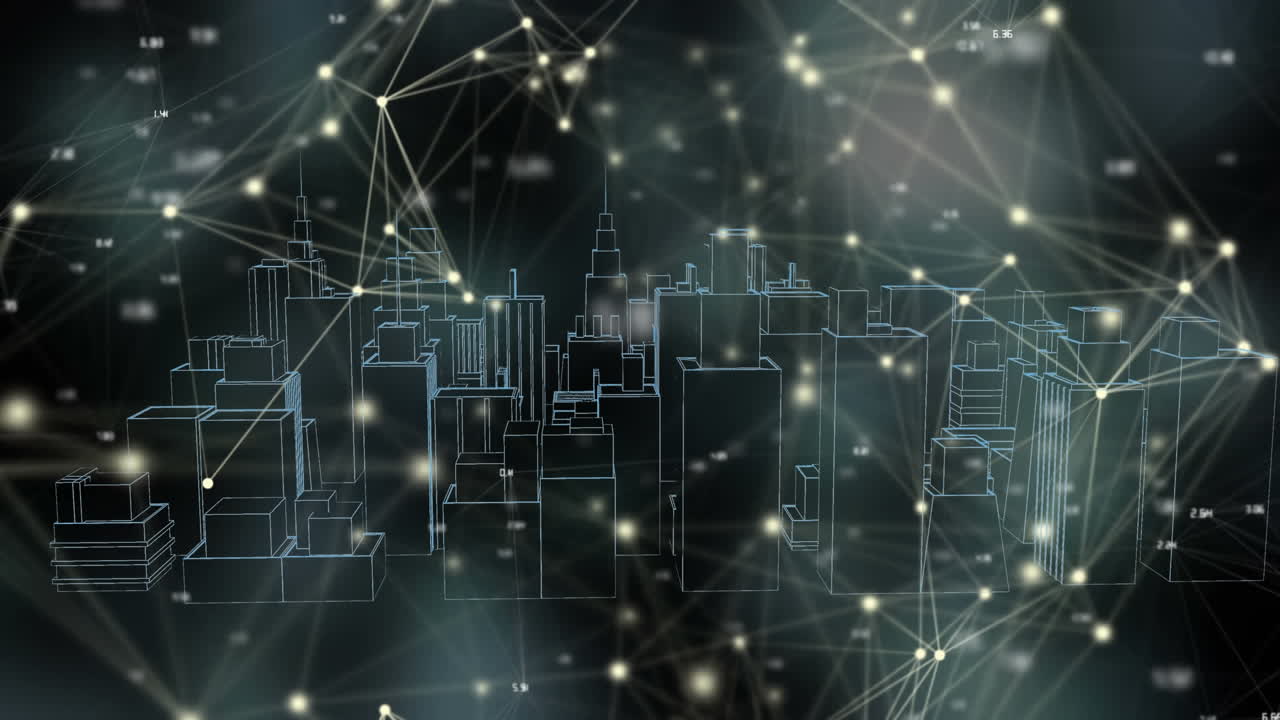 Animation of network of connections over 3d cityscape drawing