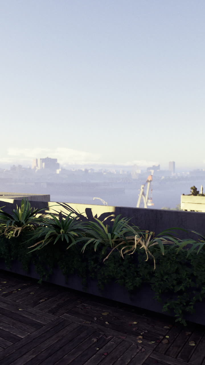 Rooftop terrace with plants and city skyline view during sunrise