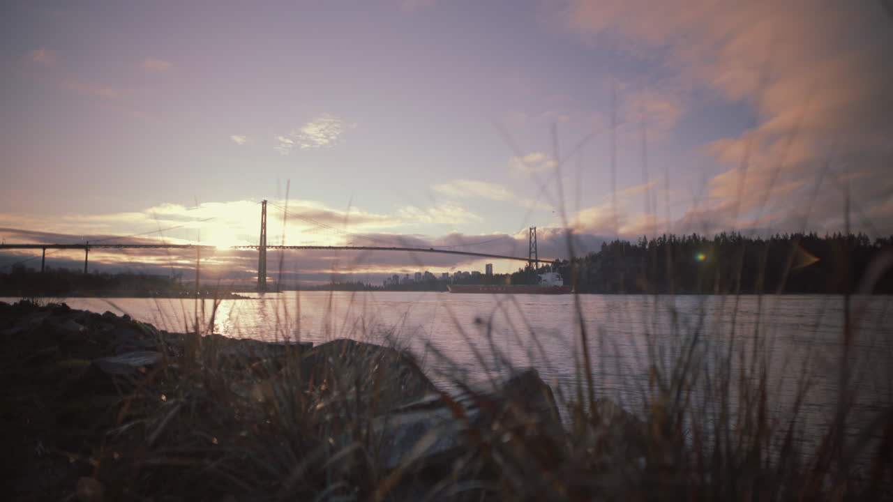 amanecer sobre el puente lions gate con hierba en primer plano