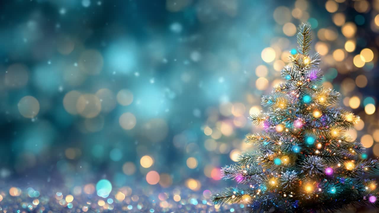 Árvore de Natal encantadora iluminada com luzes coloridas sobre um plano de fundo borrado e cintilante, criando uma atmosfera mágica de paraíso de inverno