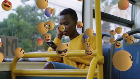 emoji icons with a woman using smartphone in the background 4k