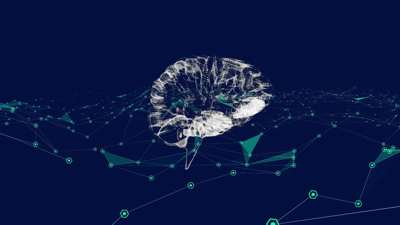 Animation of data processing and brain on black background