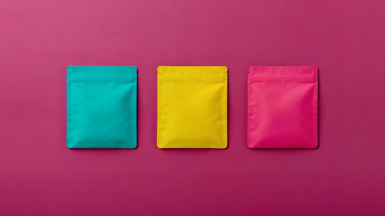 Recording starting, studio camera capturing three stand-up pouches resting on magenta backdrop