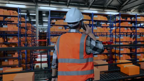 vista trasera de un ingeniero masculino asiático con casco de seguridad hablando en teléfono inteligente mientras está de pie en el almacén con estantes llenos de productos de entrega