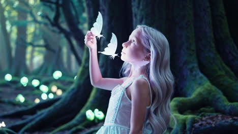 a young girl in an enchanted forest with glowing butterflies