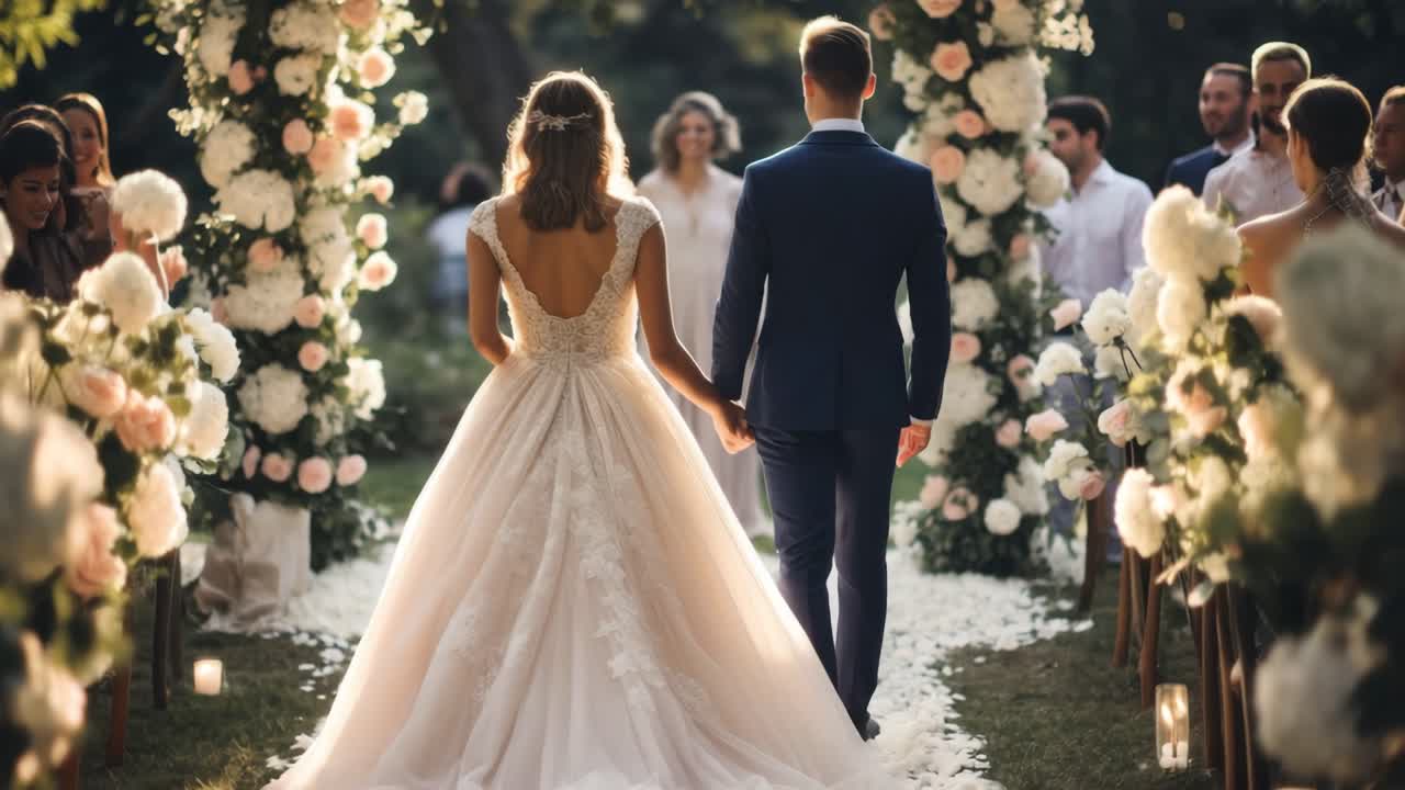 A romantic wedding scene captured from behind, showcasing a couple walking down a floral aisle