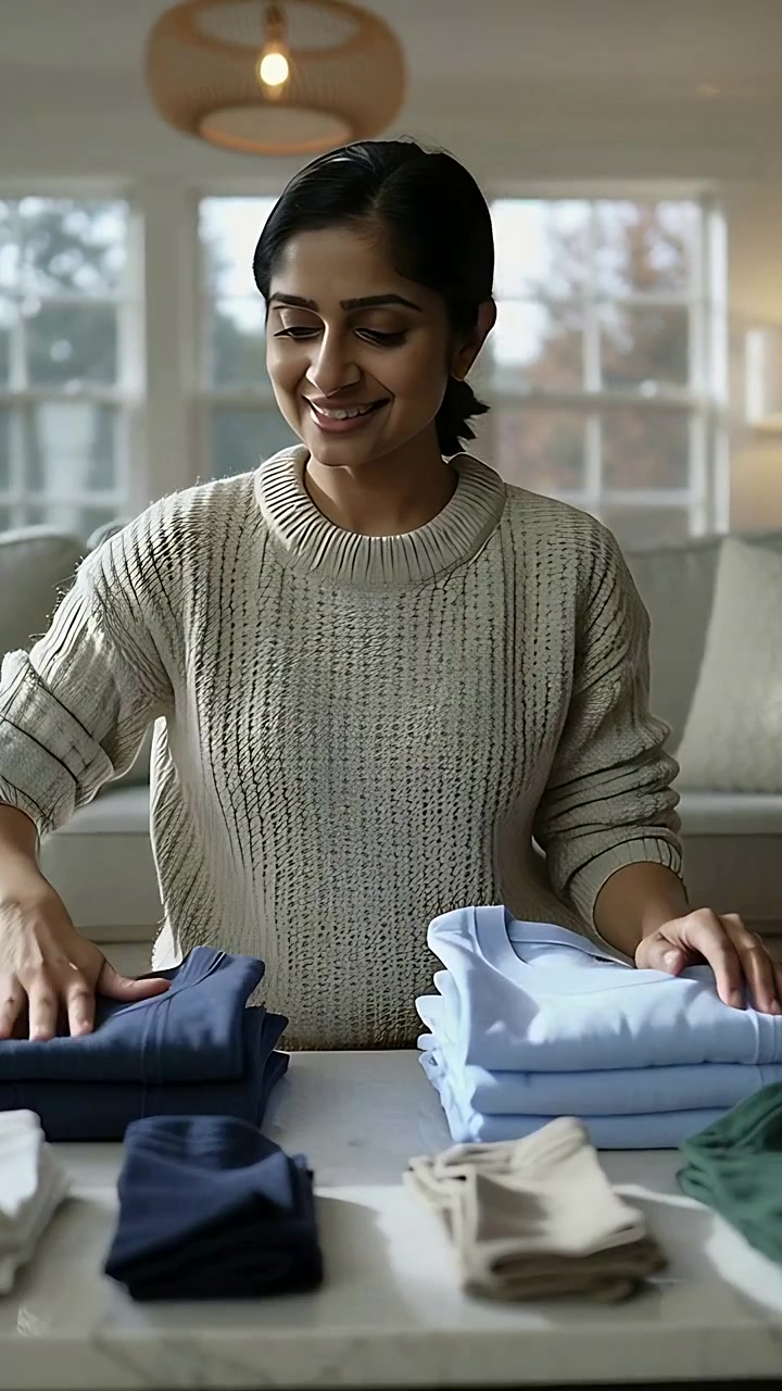 Vertical video: Sorting woman in cream sweater at low table at home, folding shirts after laundry
