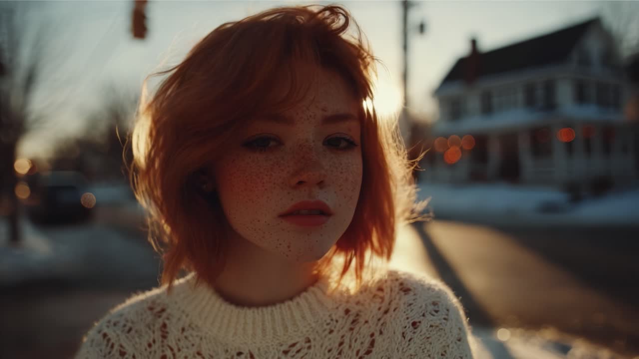 Captivating Portrait of a Young Woman with Freckles and Red Hair, Bathed in Warm Golden Light Against a Winter Background of Snow and Houses