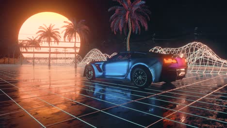 corvette retro futurista en un entorno de cuadrícula de neón