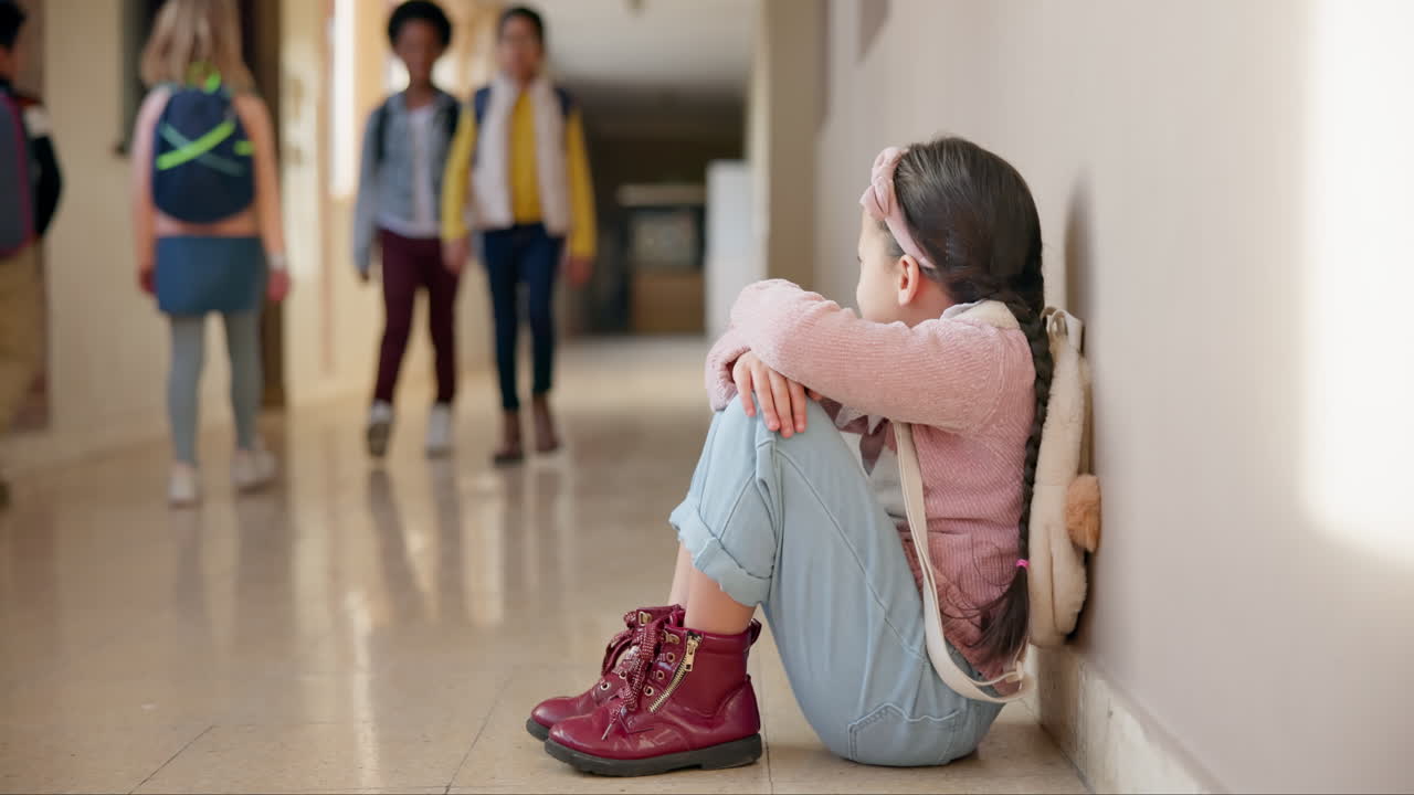 Girl, student on a floor and lonely with stress