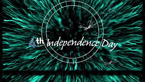 digital animation of happy independence day text banner over fireworks exploding and digital waves