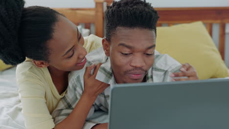 Black-couple,-bonding-or-laptop-in-house-bedroom