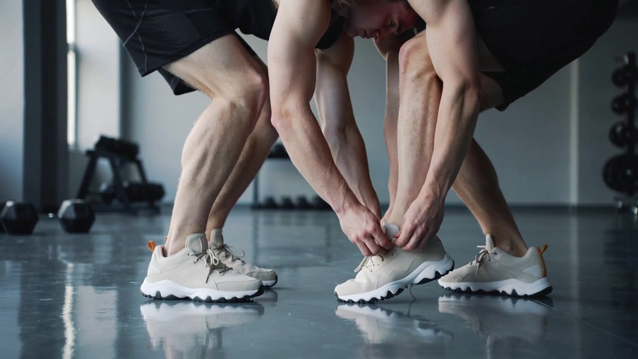 Due uomini in pantaloncini neri si allacciano le scarpe da ginnastica beige in palestra, prima dell'allenamento.