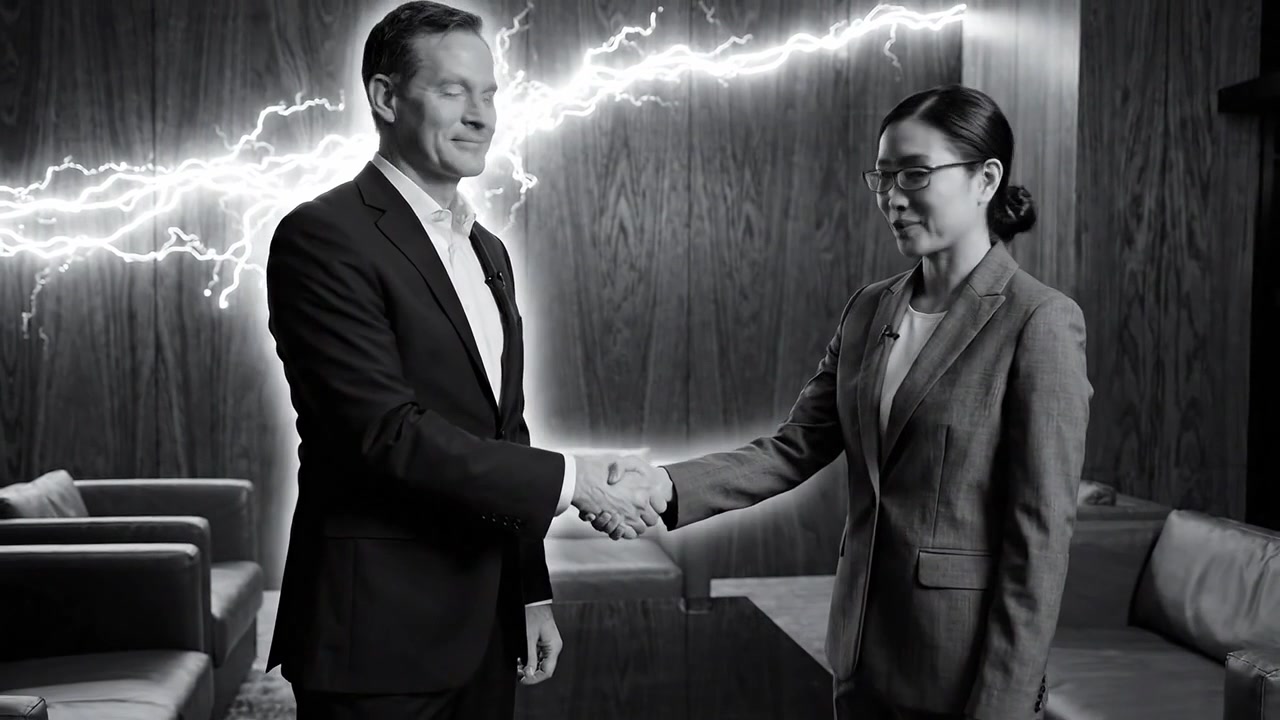 Dynamic Business Meeting Showcasing Alliance and Innovation with Electric Energy, Featuring a Confident Handshake Between Two Professionals in a Modern Office Setting