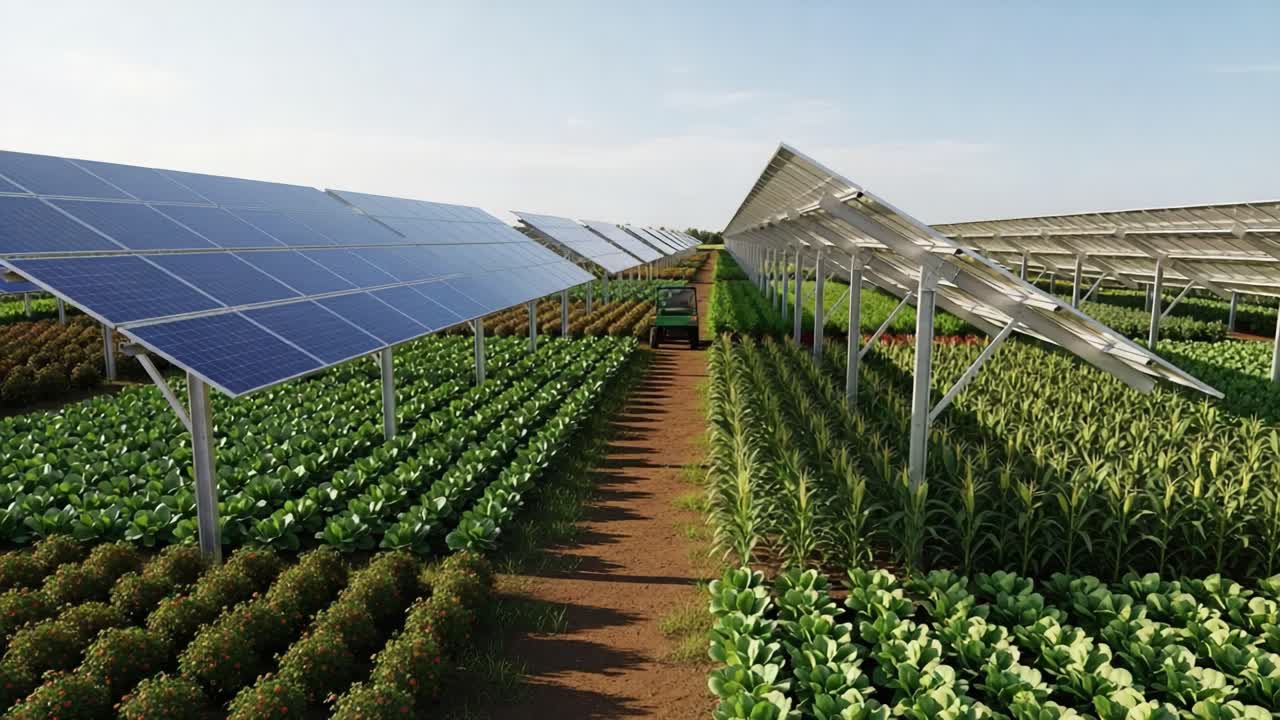 Aerial View of Innovative Sustainable Farming with Solar Panels Over Rows of Lush Green Crops, Showcasing the Future of Agriculture and Renewable Energy Integration