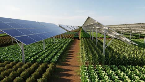 aerial view of innovative sustainable farming with solar panels over rows of lush green crops, showcasing the future of agriculture and renewable energy integration