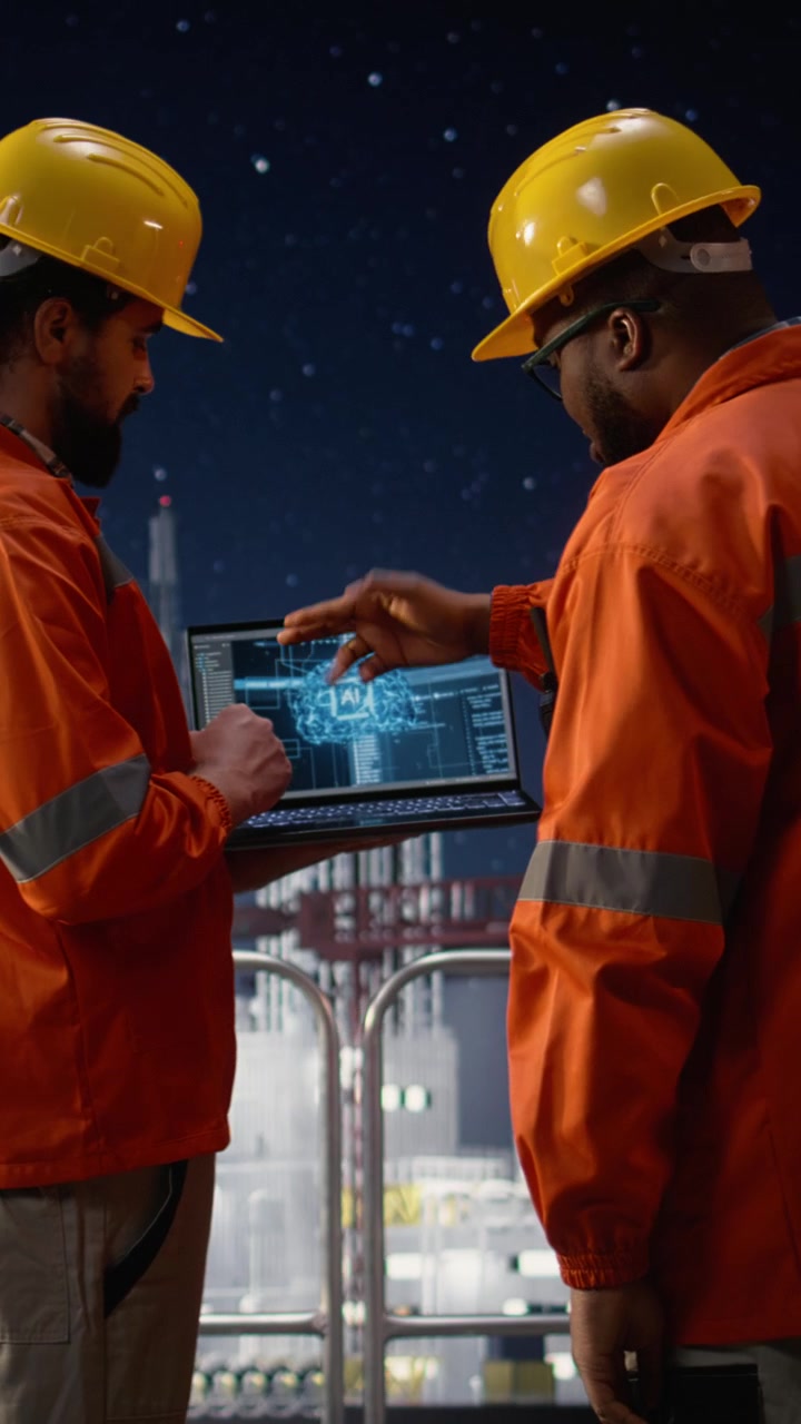 Vertical video Managing disruption with AI, maritime blockade and drilling rig engineering team