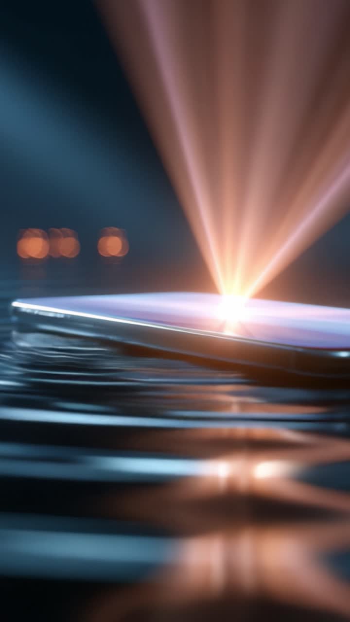 Uno smartphone elegante riflette brillanti fasci di luce su superfici d'acqua serene, catturando l'affascinante interazione tra tecnologia e natura con dettagli mozzafiato.