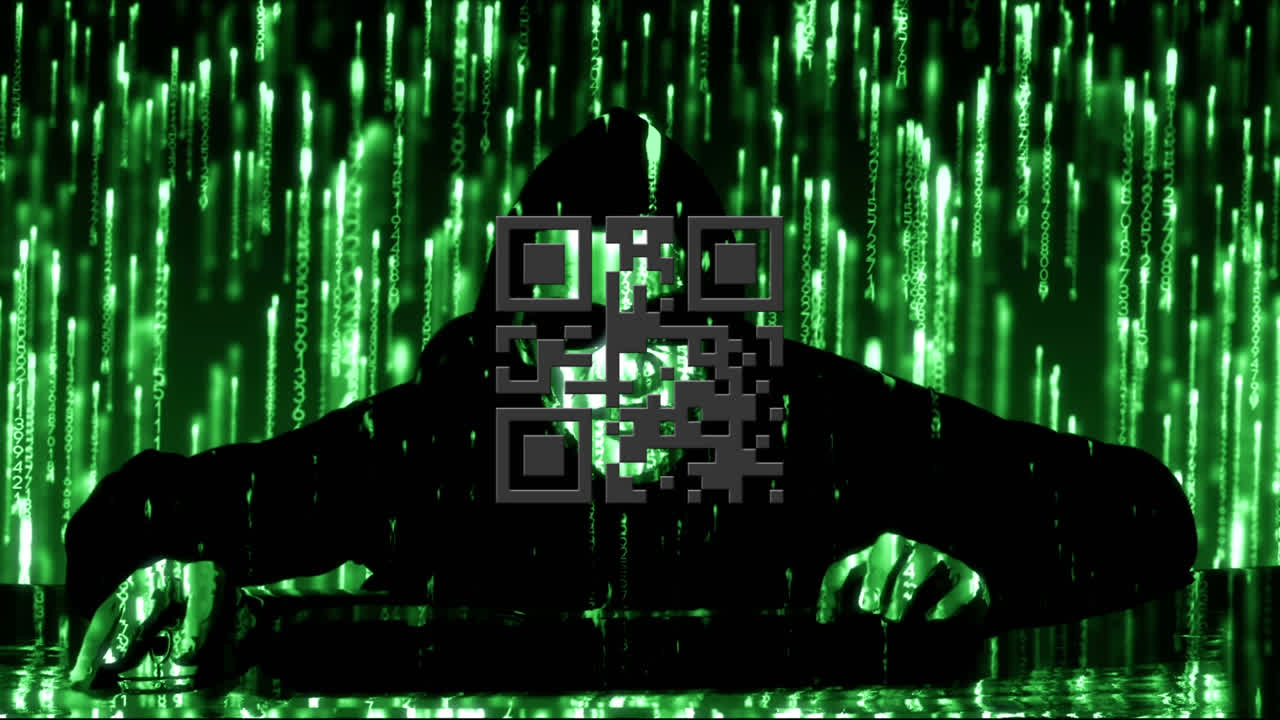 animación digital de neón rojo brillante código qr contra los rastros de luz verde que caen sobre el hacker masculino