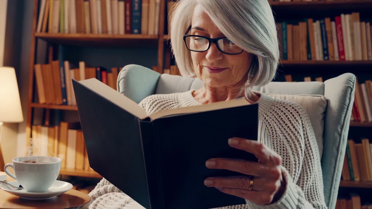 Senior Woman Enjoying a Book in a Cozy Library Setting