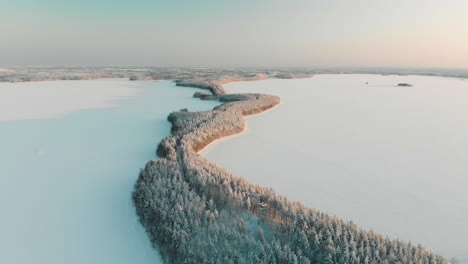 aerial, tracking, drone shot, panning above vuoniemi ness, in the middle of snowy lake saimaa, full of pine tree forest, at sunset, on a sunny, winter evening dusk, in north karelia, finland