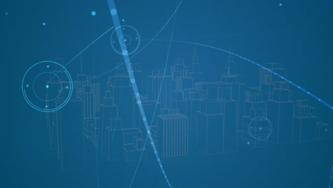 animation of network of connections and data processing over city on blue background