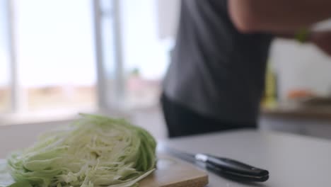 person chopping cabbage in a kitchen