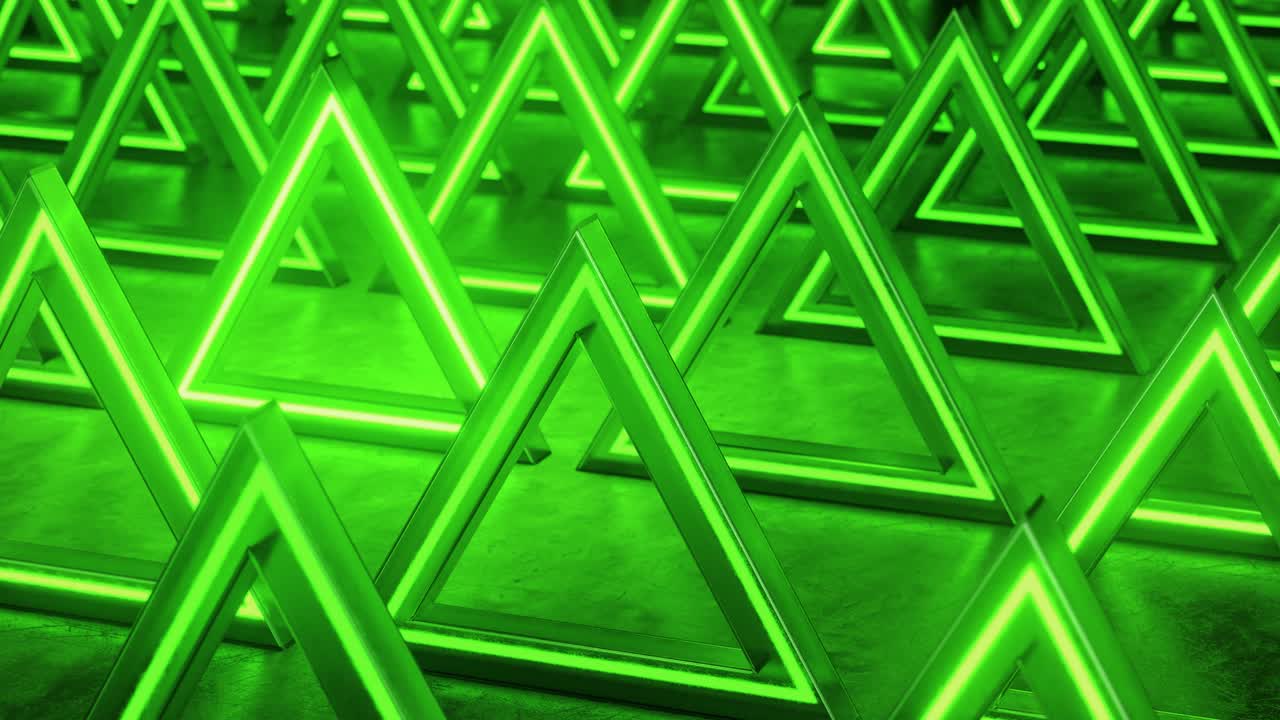 fondo abstracto triangular verde. fondo de luces de neón. prismas triangulares de patrón. fondo geométrico abstracto de ciencia ficción. concepto futurista. parpadeos. bucle sin costuras, animación 3d en 4k