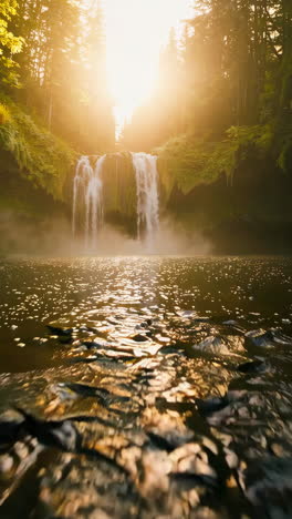 majestic waterfall in a lush forest at sunrise/sunset