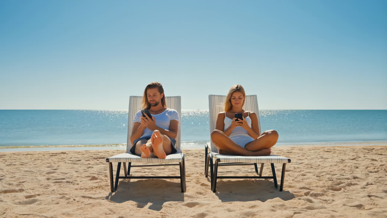 Couple on beach looking at smartphones, enjoying a sunny vacation