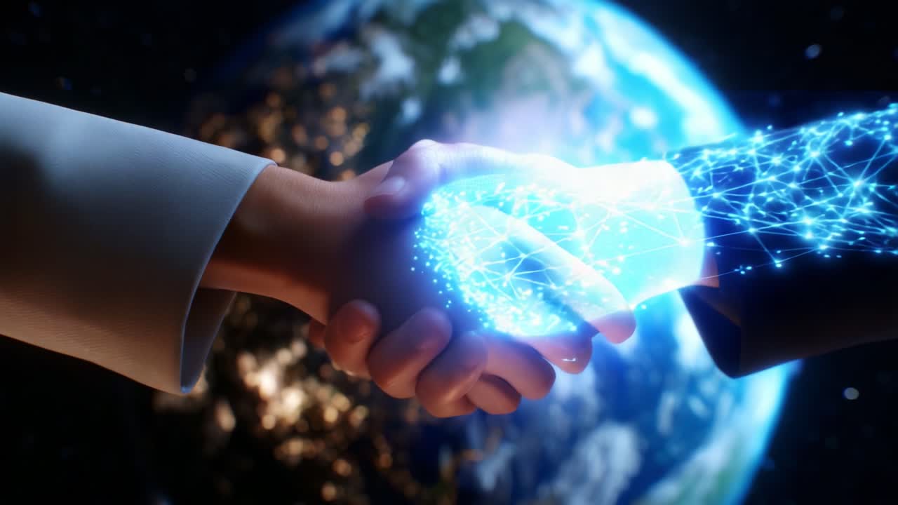 A Futuristic Collaboration Between Technology and Humanity Is Depicted Through a Dynamic Handshake Overlooking Our Beautiful Planet Earth as Digital Elements Merge With Human Touch, Symbolizing Unity and Progress