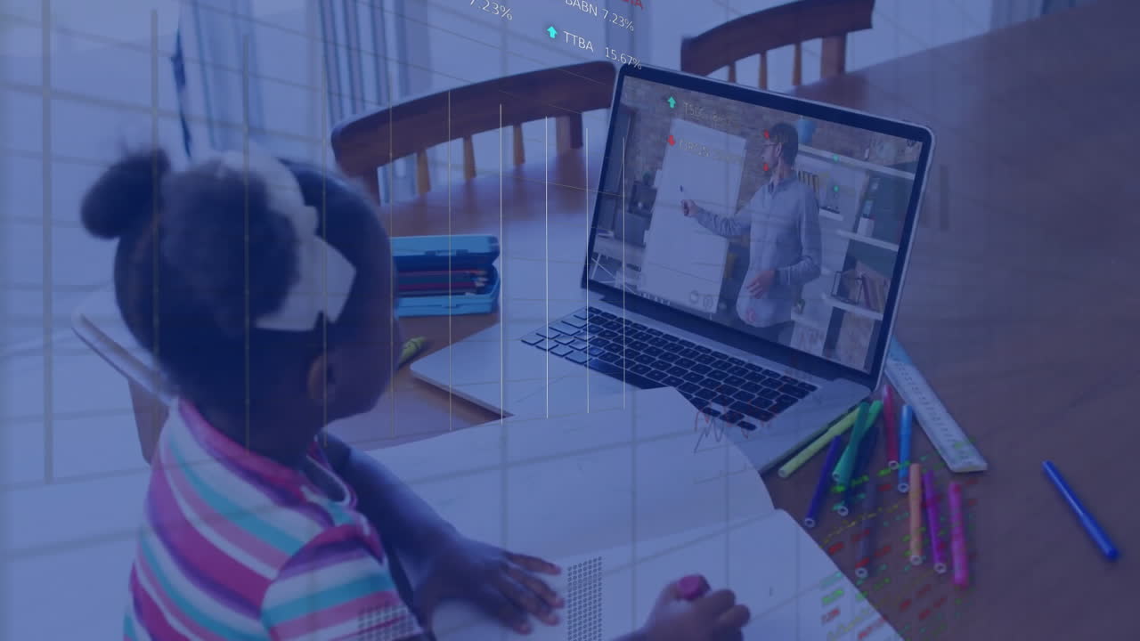 Animation of data processing over african american schoolgirl on laptop online learning