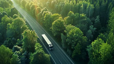aerial view of a truck on a forest road at sunset