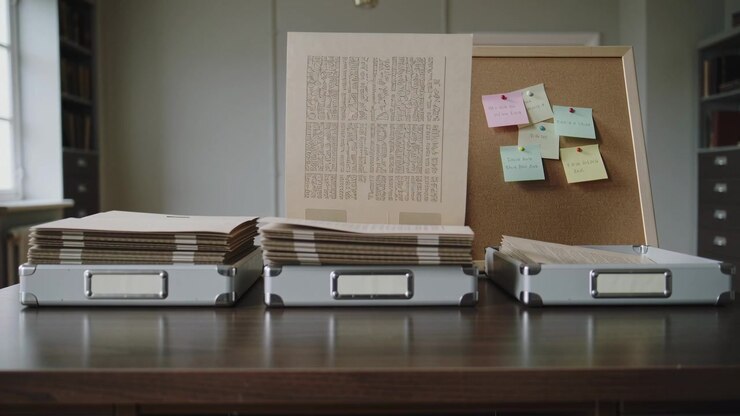 Flipping single sheet from central stack on metal tray at office desk, window draft revealing text