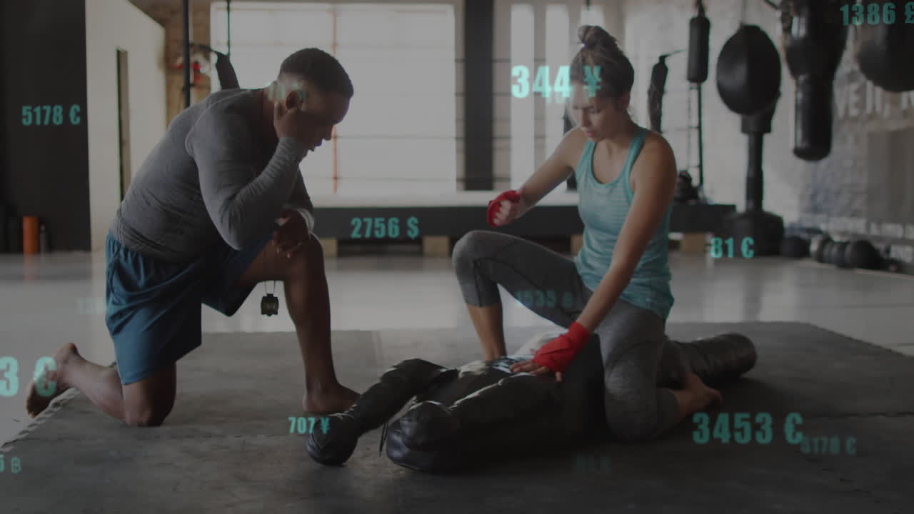 Training with punching bag, two people in animation with floating currency symbols