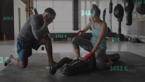 training with punching bag, two people in animation with floating currency symbols