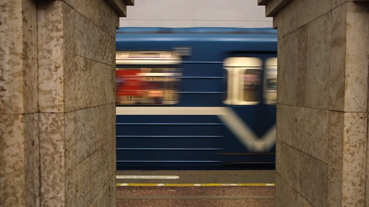 Subway Train at Station Entrance