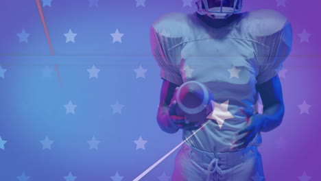 animation of caucasian american football player and flag of usa